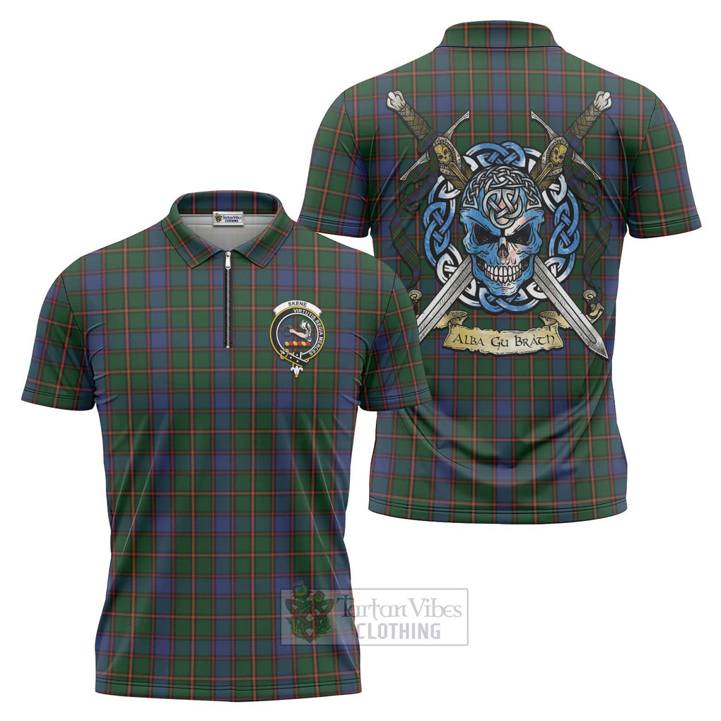 Tartan Vibes Clothing Skene Tartan Zipper Polo Shirt with Family Crest Celtic Skull Style