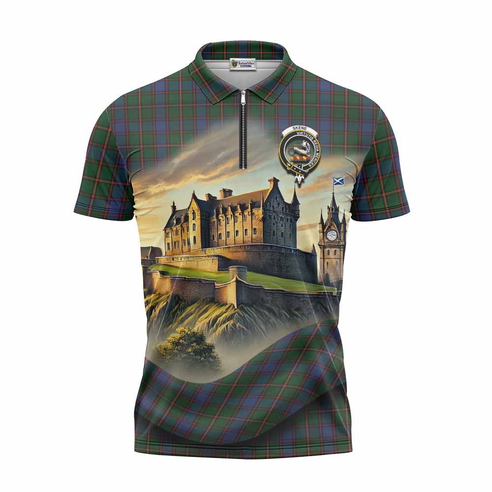 Skene Tartan Family Crest Zipper Polo Shirt with Scottish Ancient Castle Style Unisex - Tartan Vibes Clothing