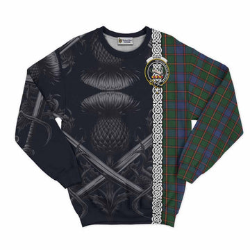 Skene Tartan Sweatshirt with Family Crest Cross Sword Thistle Celtic Vibes