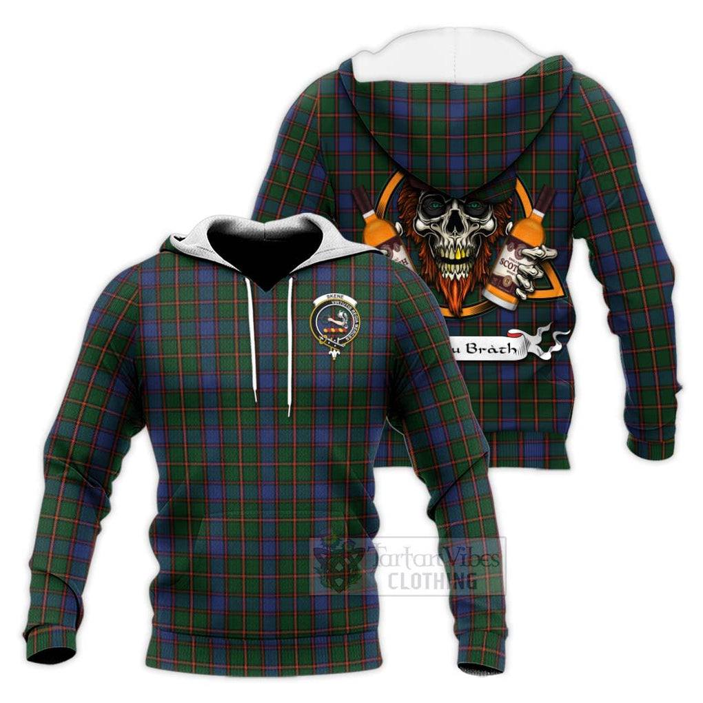 Tartan Vibes Clothing Skene Tartan Knitted Hoodie with Family Crest and Bearded Skull Holding Bottles of Whiskey