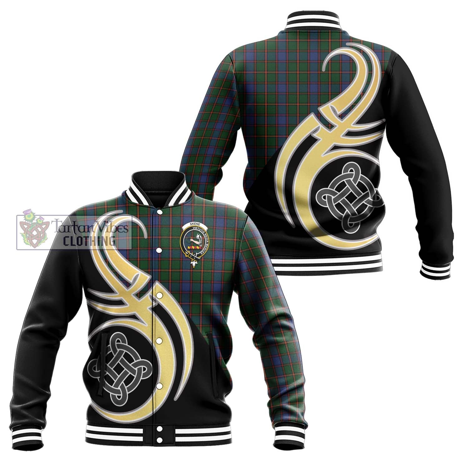 Skene Tartan Baseball Jacket with Family Crest and Celtic Symbol Style Unisex - Tartan Vibes Clothing