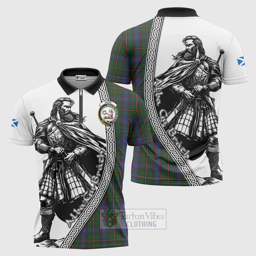 Tartan Vibes Clothing Skene Tartan Clan Crest Zipper Polo Shirt with Highlander Warrior Celtic Style