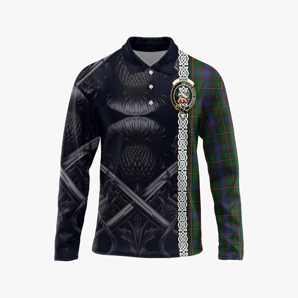 Tartan Vibes Clothing Skene Tartan Long Sleeve Polo Shirt with Family Crest Cross Sword Thistle Celtic Vibes