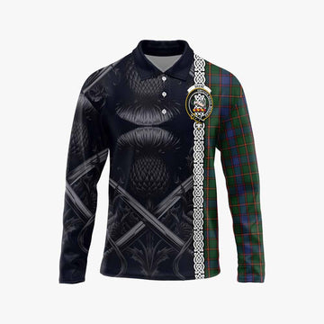 Skene Tartan Long Sleeve Polo Shirt with Family Crest Cross Sword Thistle Celtic Vibes