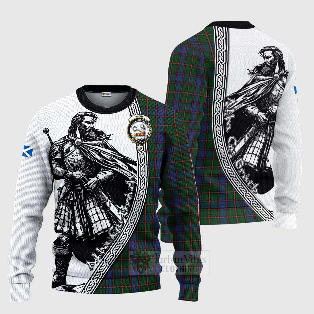 Tartan Vibes Clothing Skene Tartan Clan Crest Knitted Sweater with Highlander Warrior Celtic Style