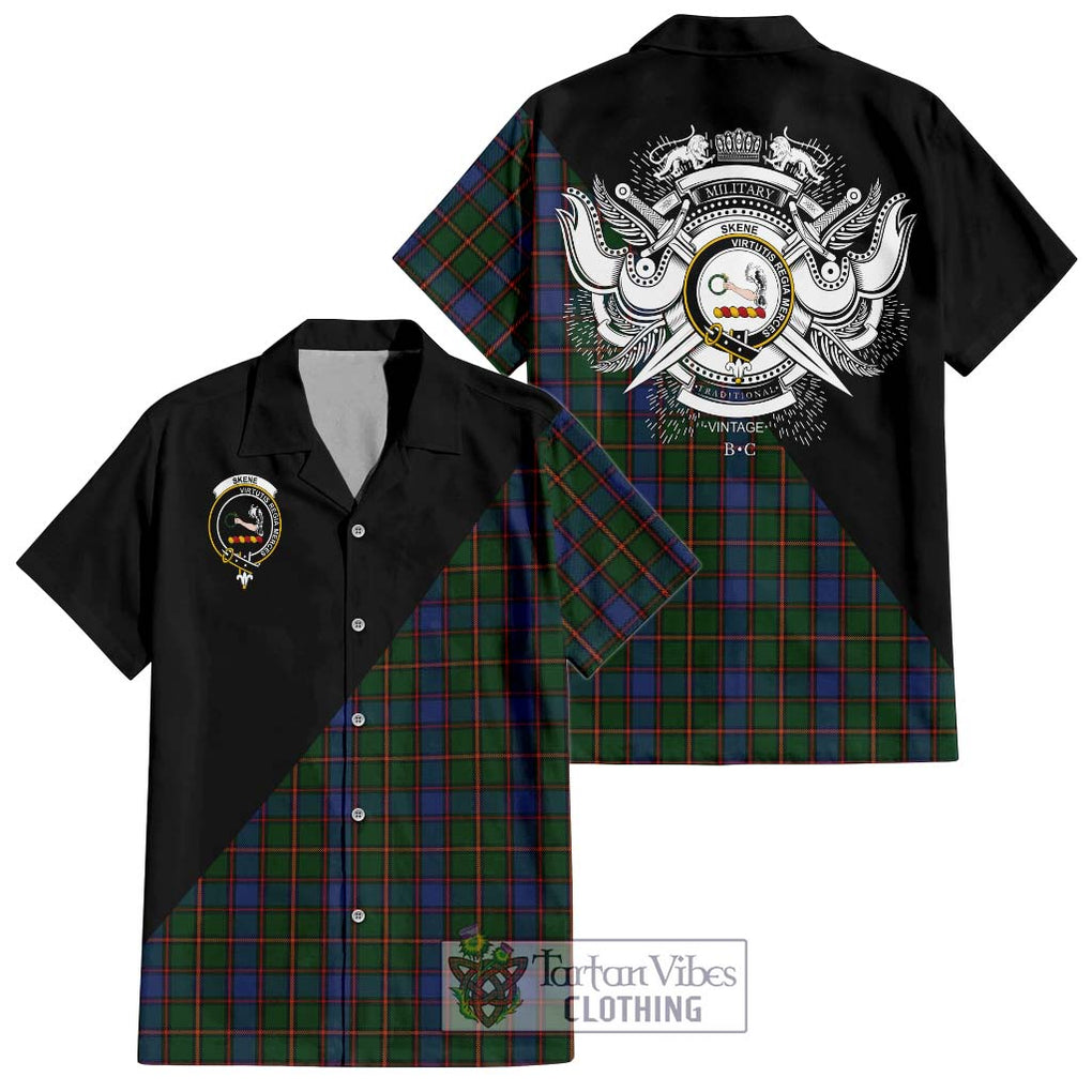 Skene Tartan Short Sleeve Button Shirt with Family Crest and Military Logo Style Kid - Tartanvibesclothing Shop