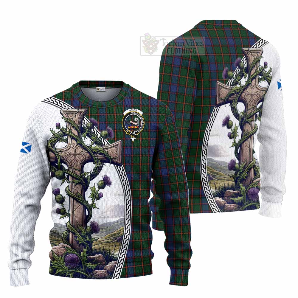 Tartan Vibes Clothing Skene Tartan Knitted Sweater with Family Crest and St. Andrew's Cross Accented by Thistle Vines