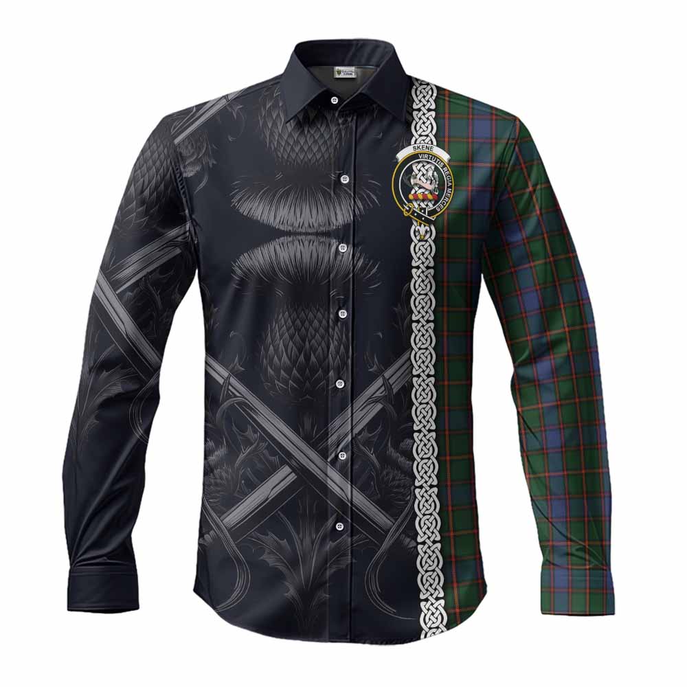 Skene Tartan Long Sleeve Button Shirt with Family Crest Cross Sword Thistle Celtic Vibes Men's Shirt S - Tartan Vibes Clothing
