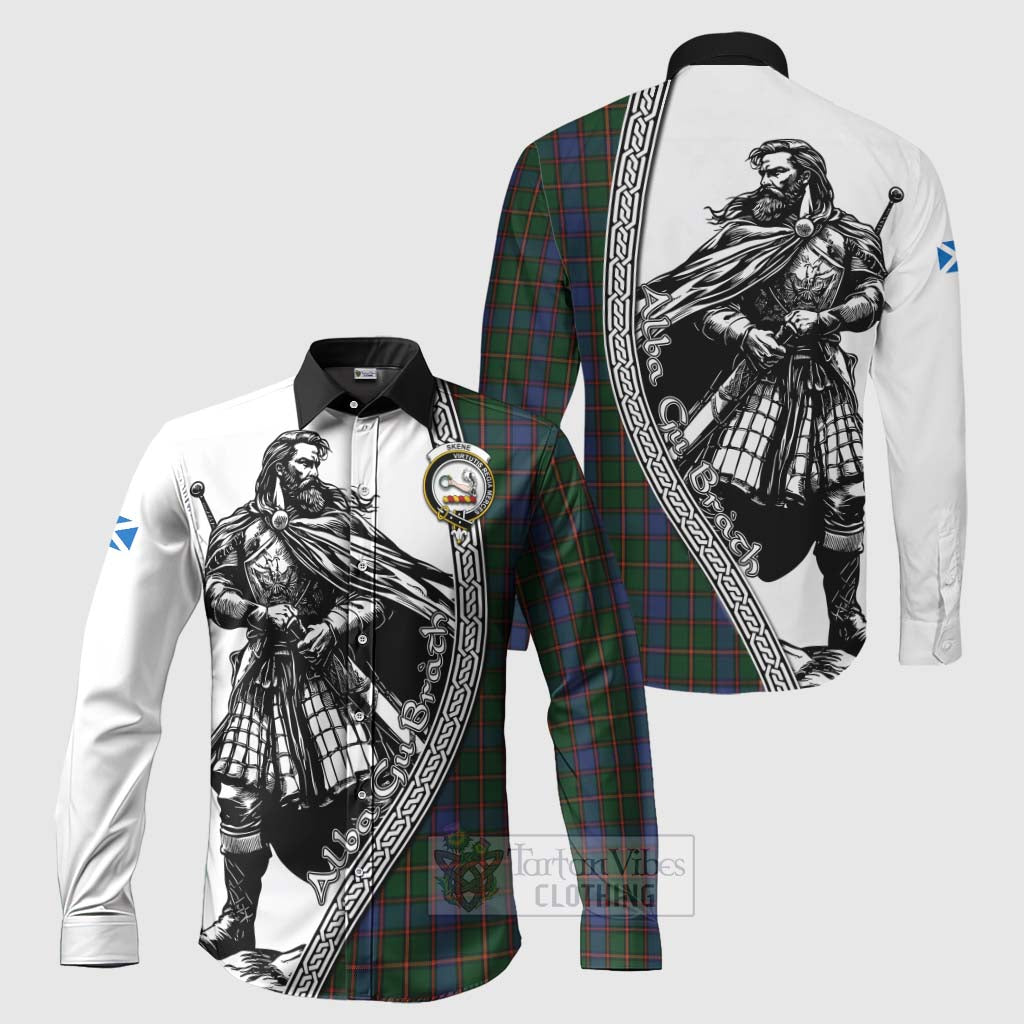 Tartan Vibes Clothing Skene Tartan Clan Crest Long Sleeve Button Shirt with Highlander Warrior Celtic Style