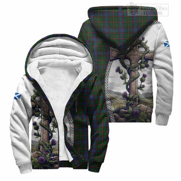 Skene Tartan Sherpa Hoodie with Family Crest and St. Andrew's Cross Accented by Thistle Vines