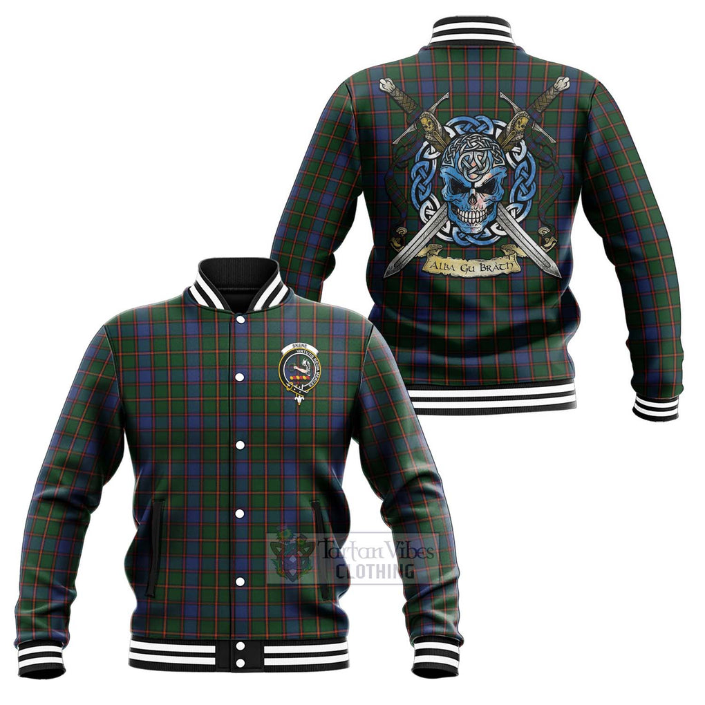 Tartan Vibes Clothing Skene Tartan Baseball Jacket with Family Crest Celtic Skull Style