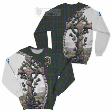 Skene Tartan Sweatshirt with Family Crest and St. Andrew's Cross Accented by Thistle Vines