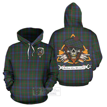 Skene Tartan Hoodie with Family Crest and Bearded Skull Holding Bottles of Whiskey