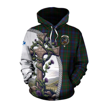 Skene Tartan Cotton Hoodie with Family Crest and St. Andrew's Cross Accented by Thistle Vines Pullover Hoodie XS - Tartan Vibes Clothing