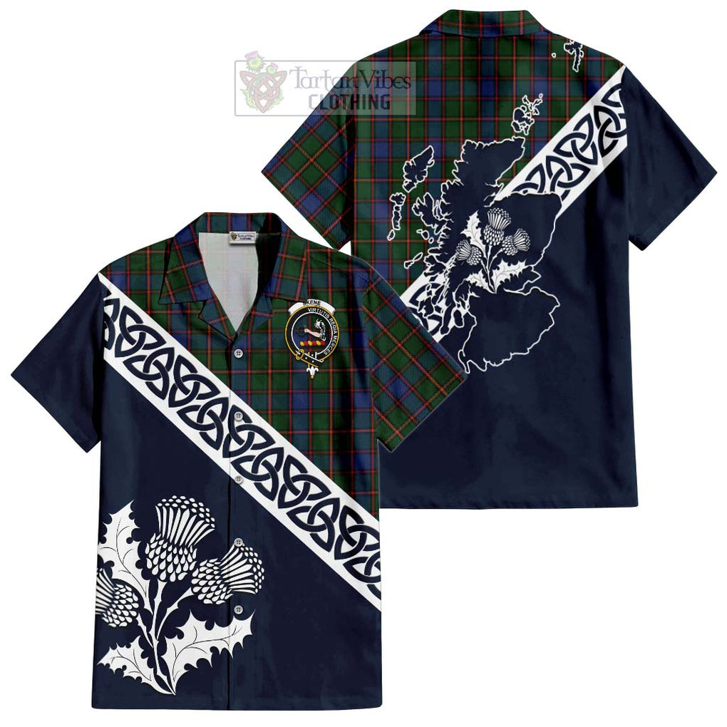 Tartan Vibes Clothing Skene Tartan Short Sleeve Button Shirt Featuring Thistle and Scotland Map