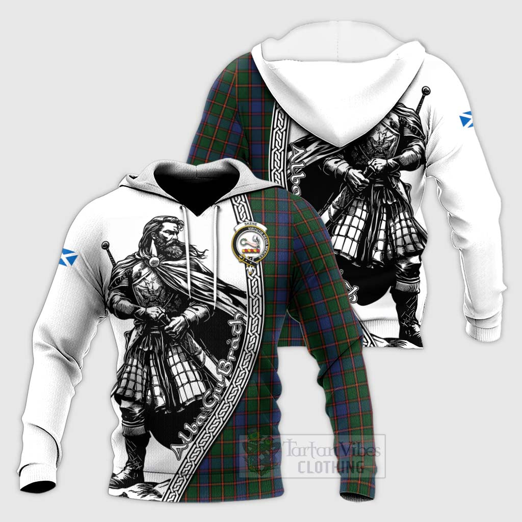 Tartan Vibes Clothing Skene Tartan Clan Crest Knitted Hoodie with Highlander Warrior Celtic Style