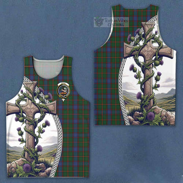 Skene Tartan Men's Tank Top with Family Crest and St. Andrew's Cross Accented by Thistle Vines