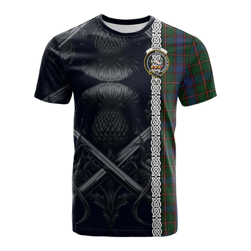 Tartan Vibes Clothing Skene Tartan Cotton T-shirt with Family Crest Cross Sword Thistle Celtic Vibes