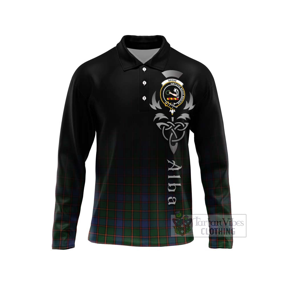 Tartan Vibes Clothing Skene Tartan Long Sleeve Polo Shirt Featuring Alba Gu Brath Family Crest Celtic Inspired