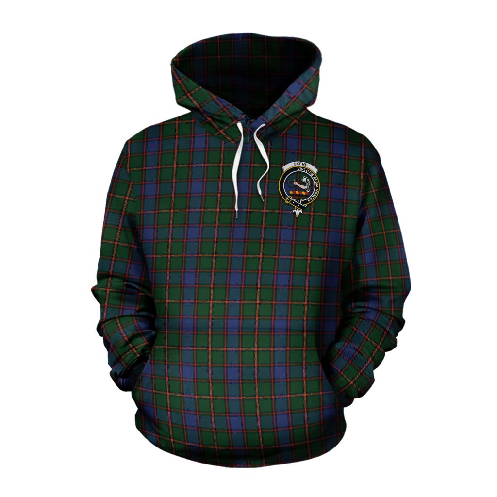 Tartan Vibes Clothing Skene Tartan Cotton Hoodie with Family Crest and Bearded Skull Holding Bottles of Whiskey