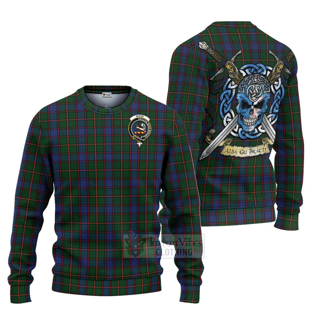 Tartan Vibes Clothing Skene Tartan Knitted Sweater with Family Crest Celtic Skull Style