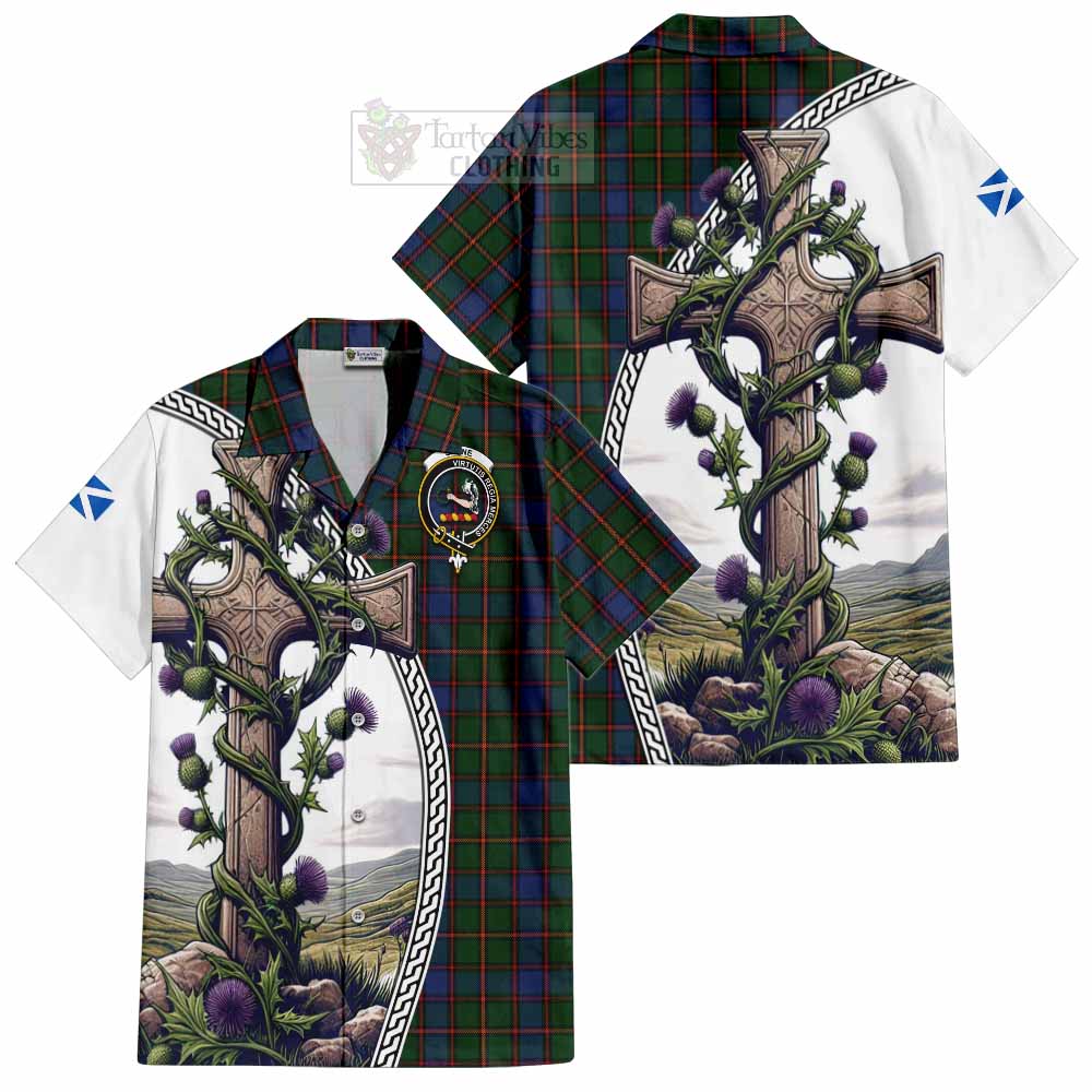 Tartan Vibes Clothing Skene Tartan Short Sleeve Button Shirt with Family Crest and St. Andrew's Cross Accented by Thistle Vines