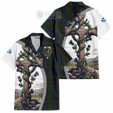 Skene Tartan Short Sleeve Button Shirt with Family Crest and St. Andrew's Cross Accented by Thistle Vines