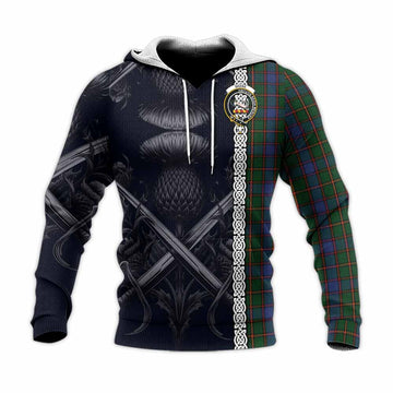 Skene Tartan Knitted Hoodie with Family Crest Cross Sword Thistle Celtic Vibes