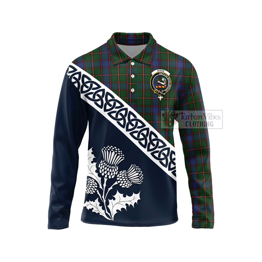 Tartan Vibes Clothing Skene Tartan Long Sleeve Polo Shirt Featuring Thistle and Scotland Map