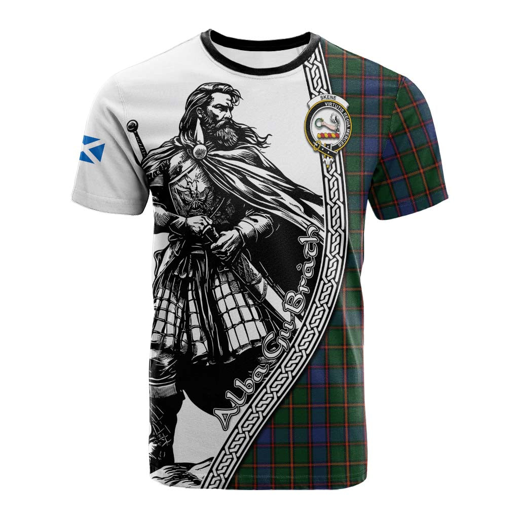 Skene Tartan Clan Crest Cotton T-shirt with Highlander Warrior Celtic Style