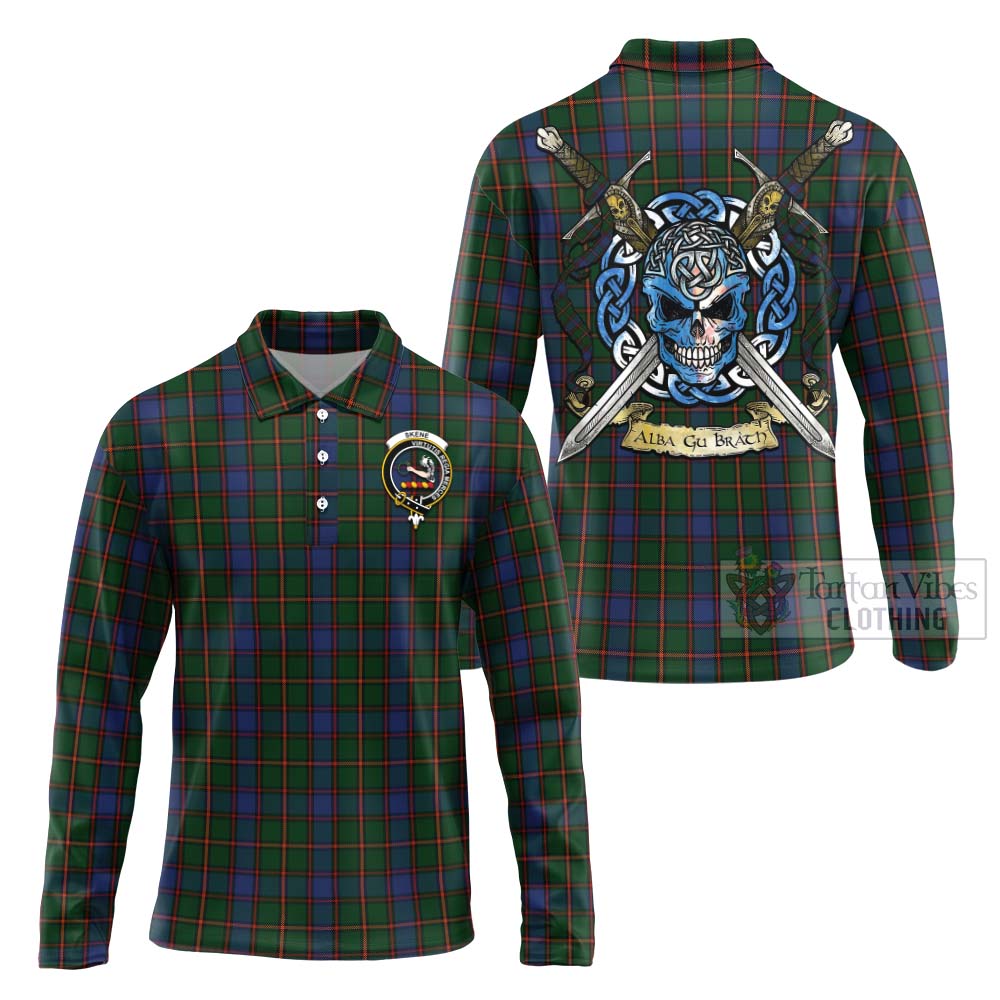 Tartan Vibes Clothing Skene Tartan Long Sleeve Polo Shirt with Family Crest Celtic Skull Style