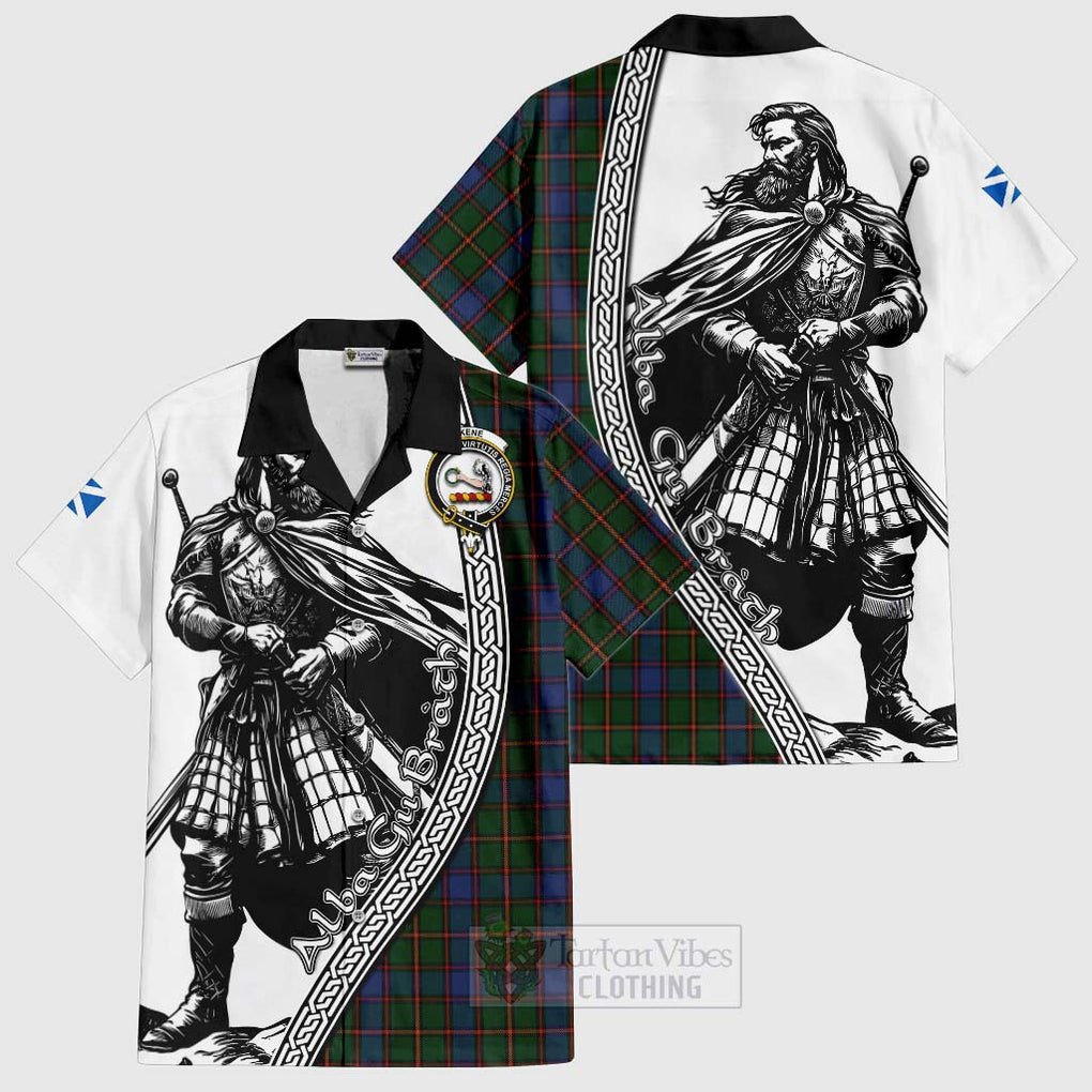 Tartan Vibes Clothing Skene Tartan Clan Crest Short Sleeve Button Shirt with Highlander Warrior Celtic Style