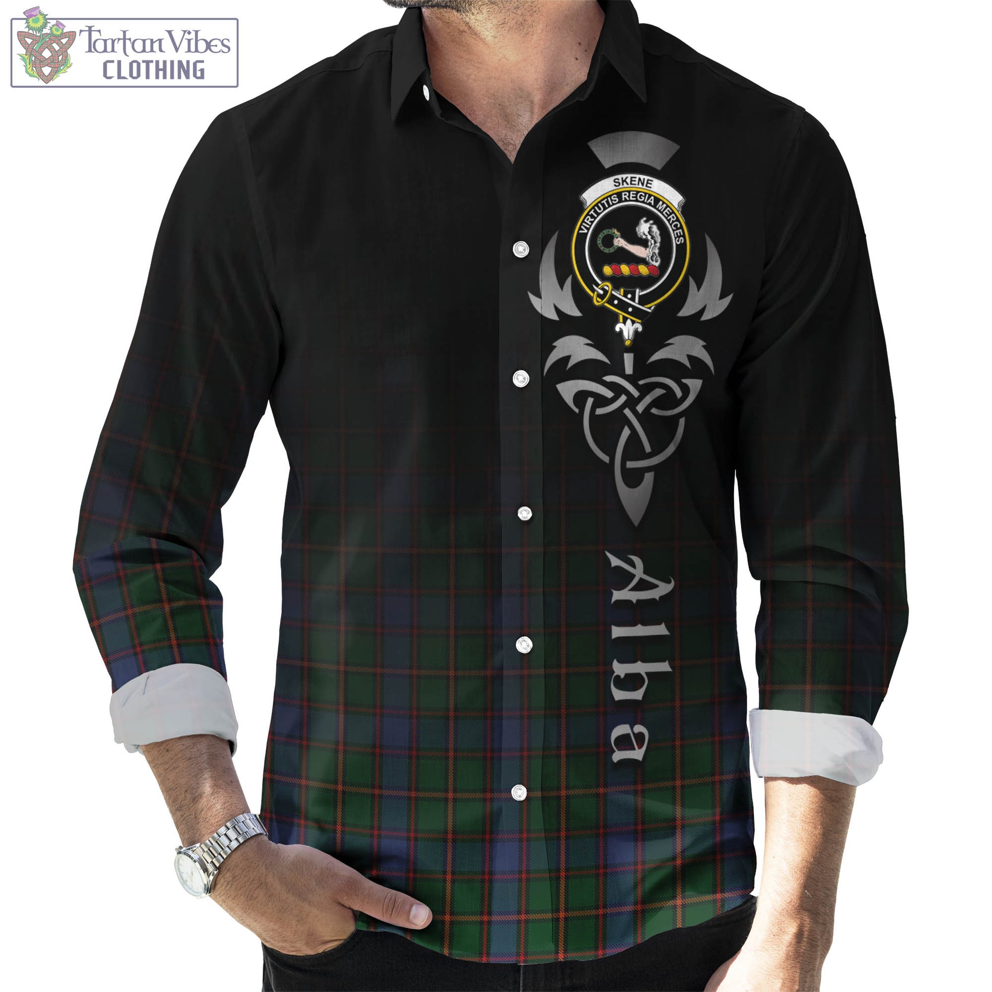 Tartan Vibes Clothing Skene Tartan Long Sleeve Button Up Featuring Alba Gu Brath Family Crest Celtic Inspired