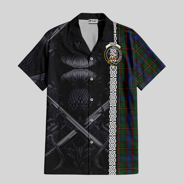 Skene Tartan Short Sleeve Button Shirt with Family Crest Cross Sword Thistle Celtic Vibes