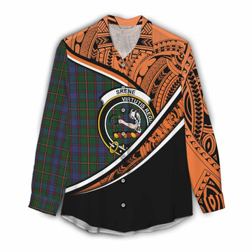 Skene Crest Tartan Women's Casual Shirt with Polynesian Vibes Style - Orange Version