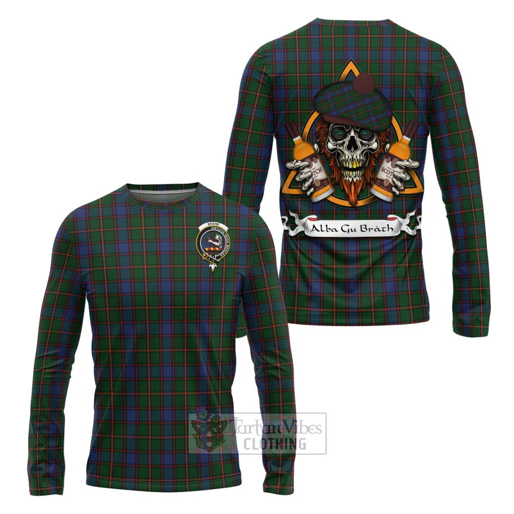 Tartan Vibes Clothing Skene Tartan Long Sleeve T-Shirt with Family Crest and Bearded Skull Holding Bottles of Whiskey