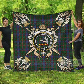 Skene Tartan Quilt with Family Crest and Golden Thistle Crossed Sword Design