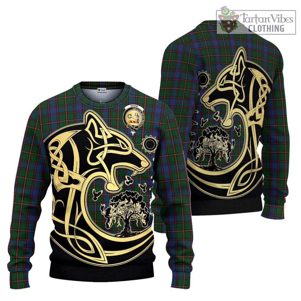 Skene Tartan Knitted Sweater with Family Crest Celtic Wolf Style Unisex - Tartan Vibes Clothing