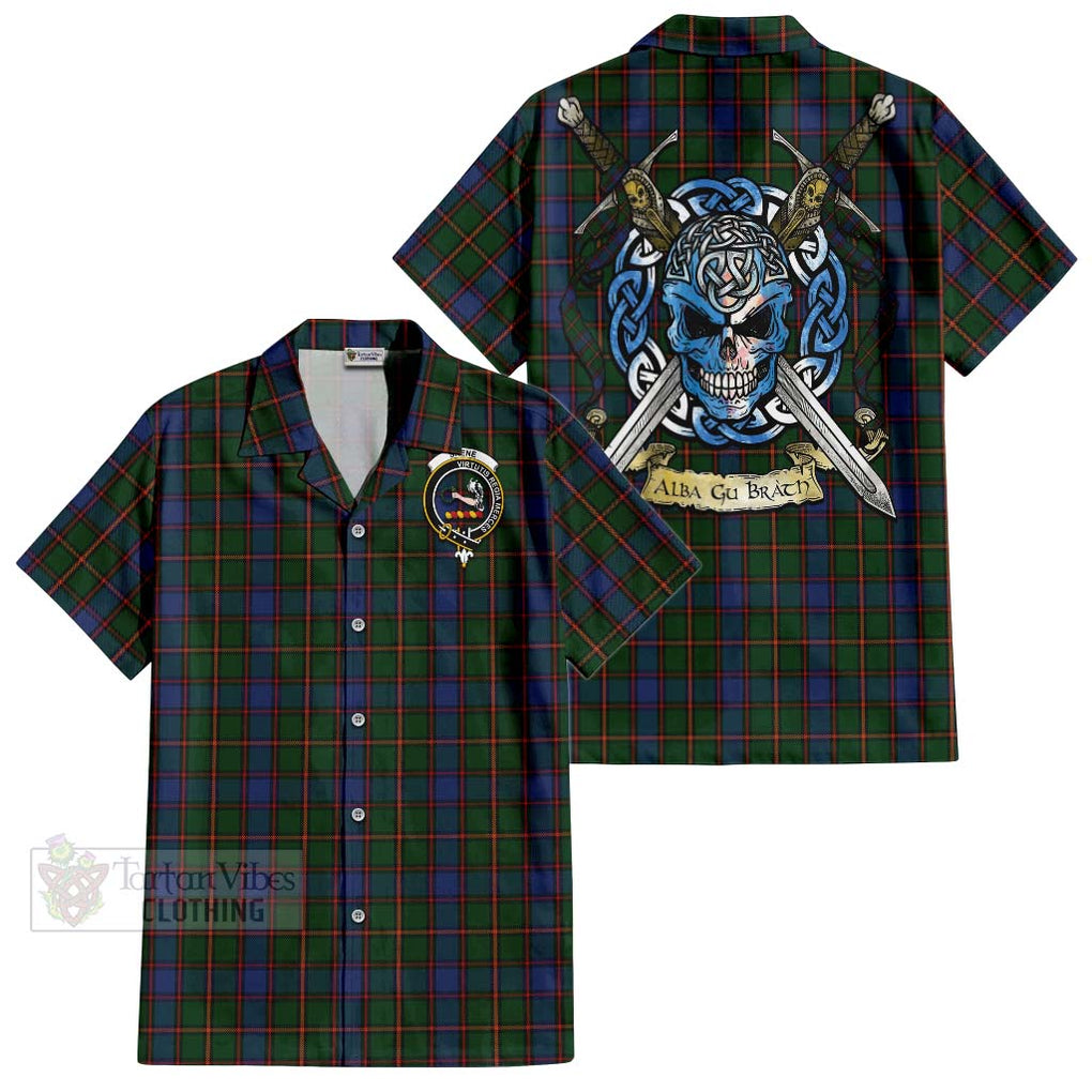 Tartan Vibes Clothing Skene Tartan Short Sleeve Button Shirt with Family Crest Celtic Skull Style