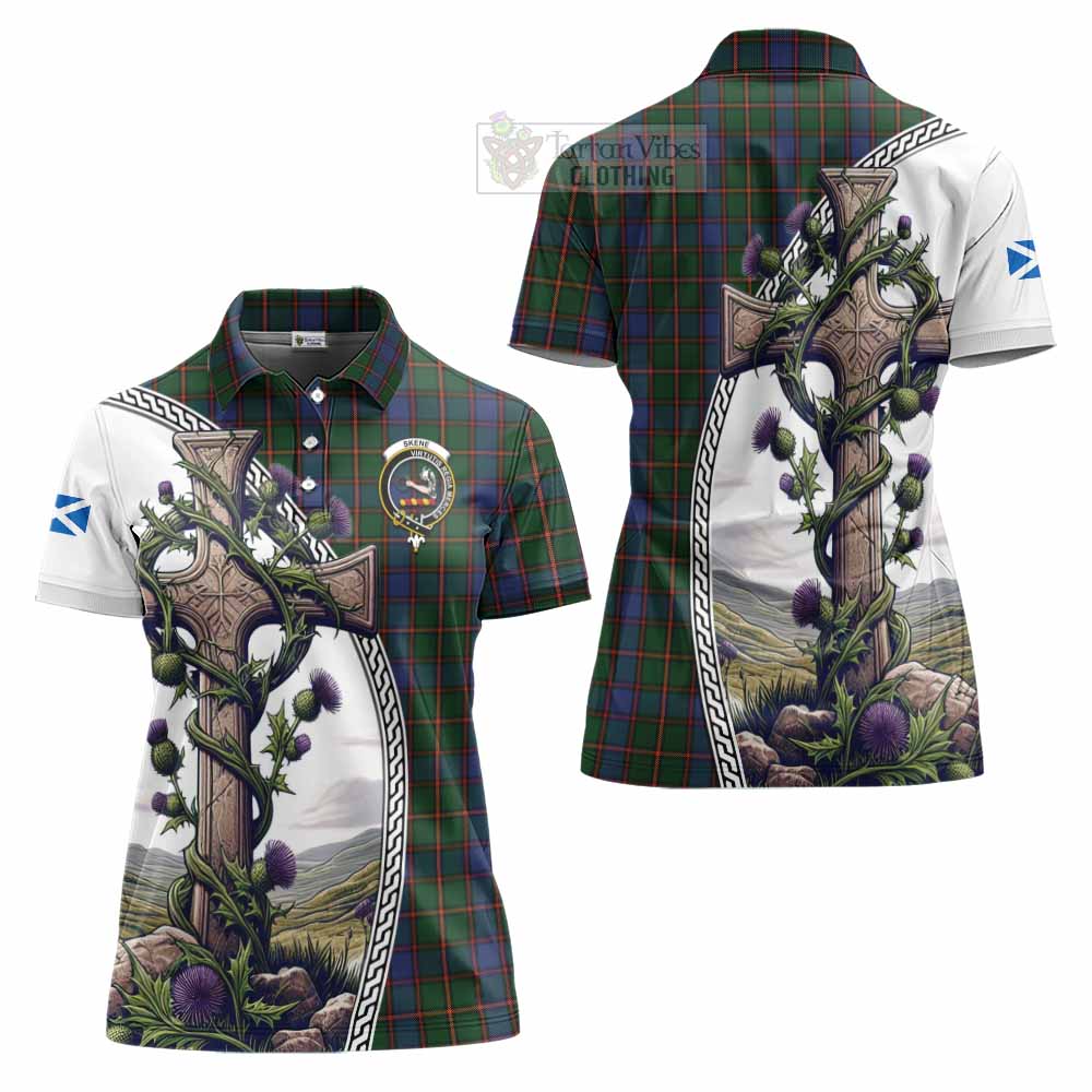 Tartan Vibes Clothing Skene Tartan Women's Polo Shirt with Family Crest and St. Andrew's Cross Accented by Thistle Vines