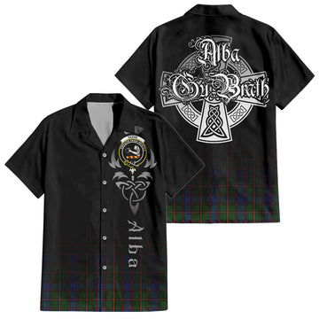 Skene Tartan Short Sleeve Button Up Shirt Featuring Alba Gu Brath Family Crest Celtic Inspired