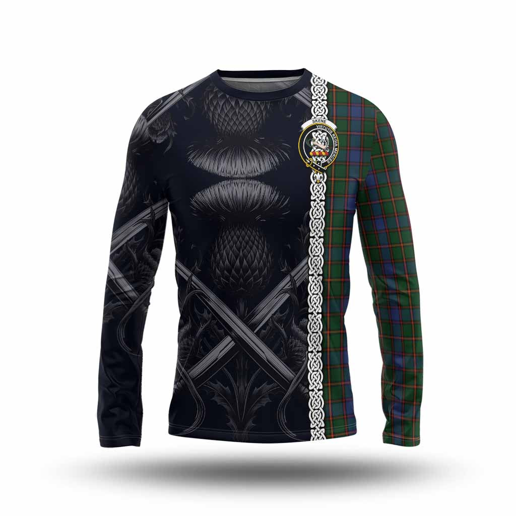 Tartan Vibes Clothing Skene Tartan Long Sleeve T-Shirt with Family Crest Cross Sword Thistle Celtic Vibes