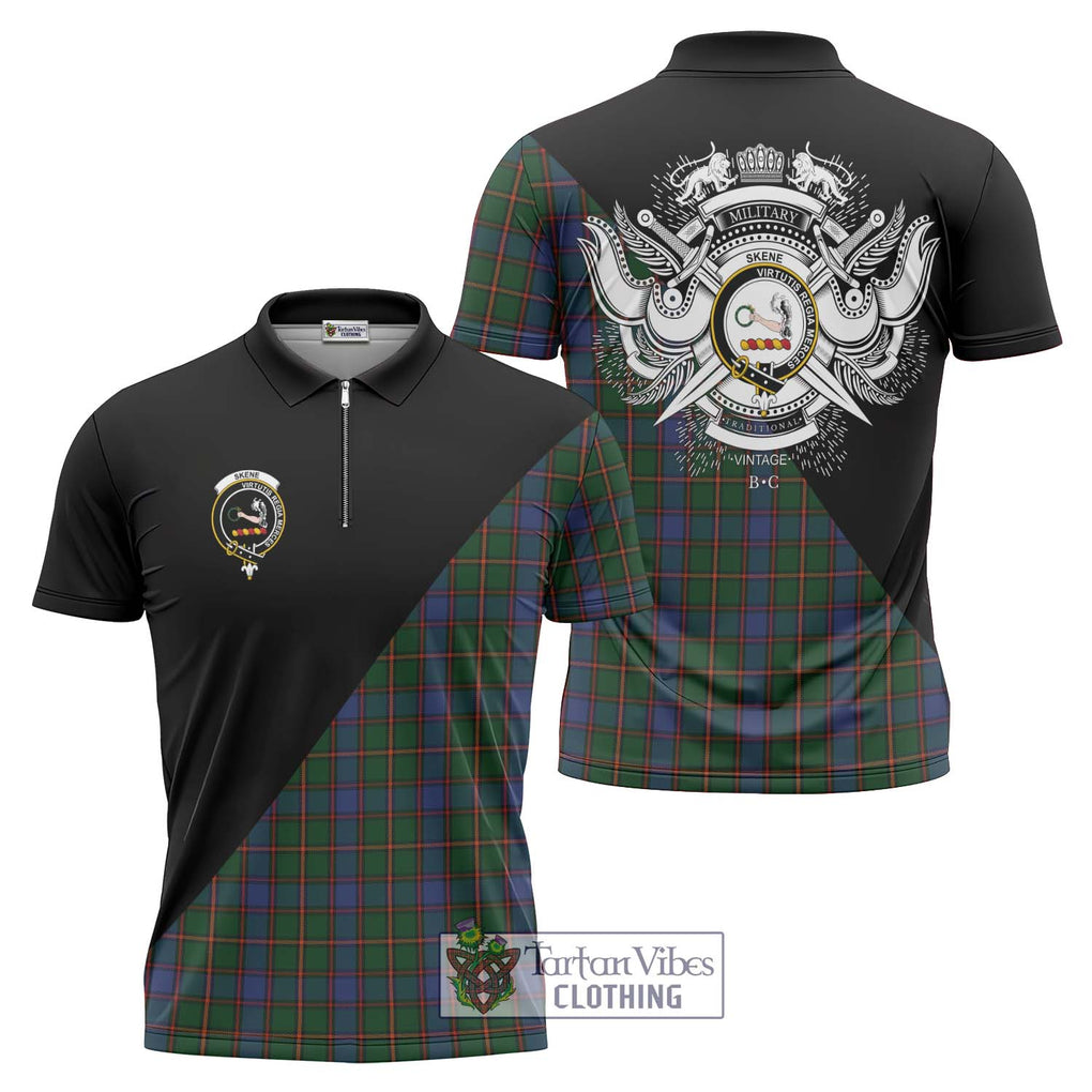 Skene Tartan Zipper Polo Shirt with Family Crest and Military Logo Style Unisex - Tartanvibesclothing Shop