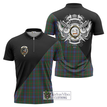 Skene Tartan Zipper Polo Shirt with Family Crest and Military Logo Style