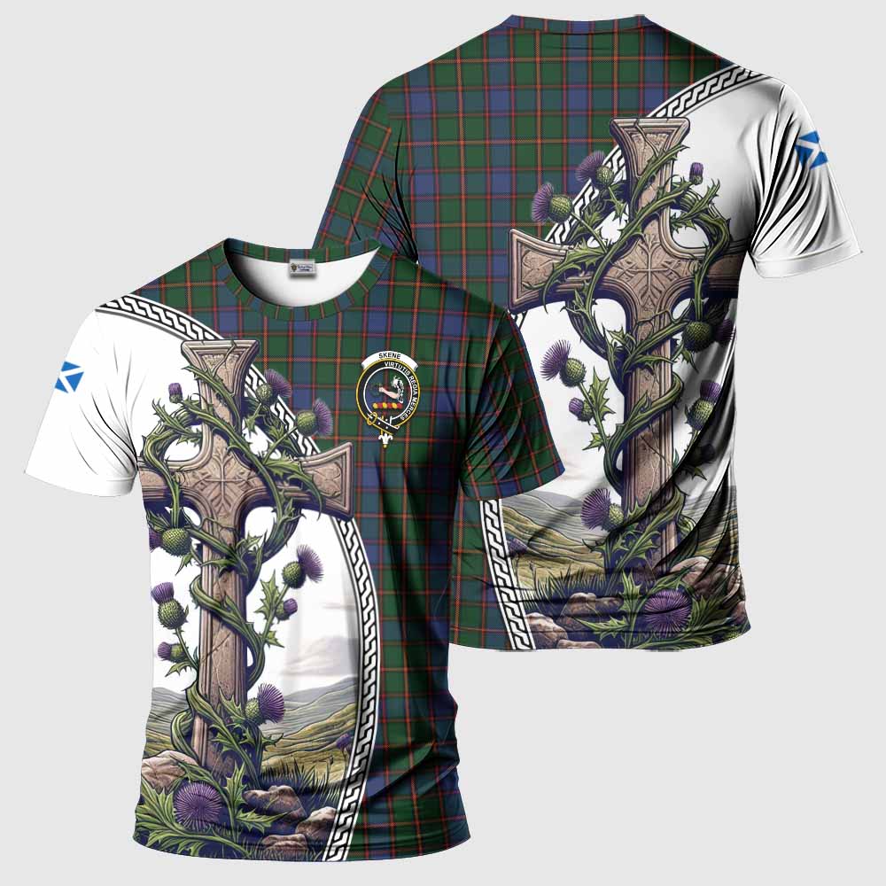 Tartan Vibes Clothing Skene Agnew Tartan T-Shirt with Family Crest and St. Andrew's Cross Accented by Thistle Vines