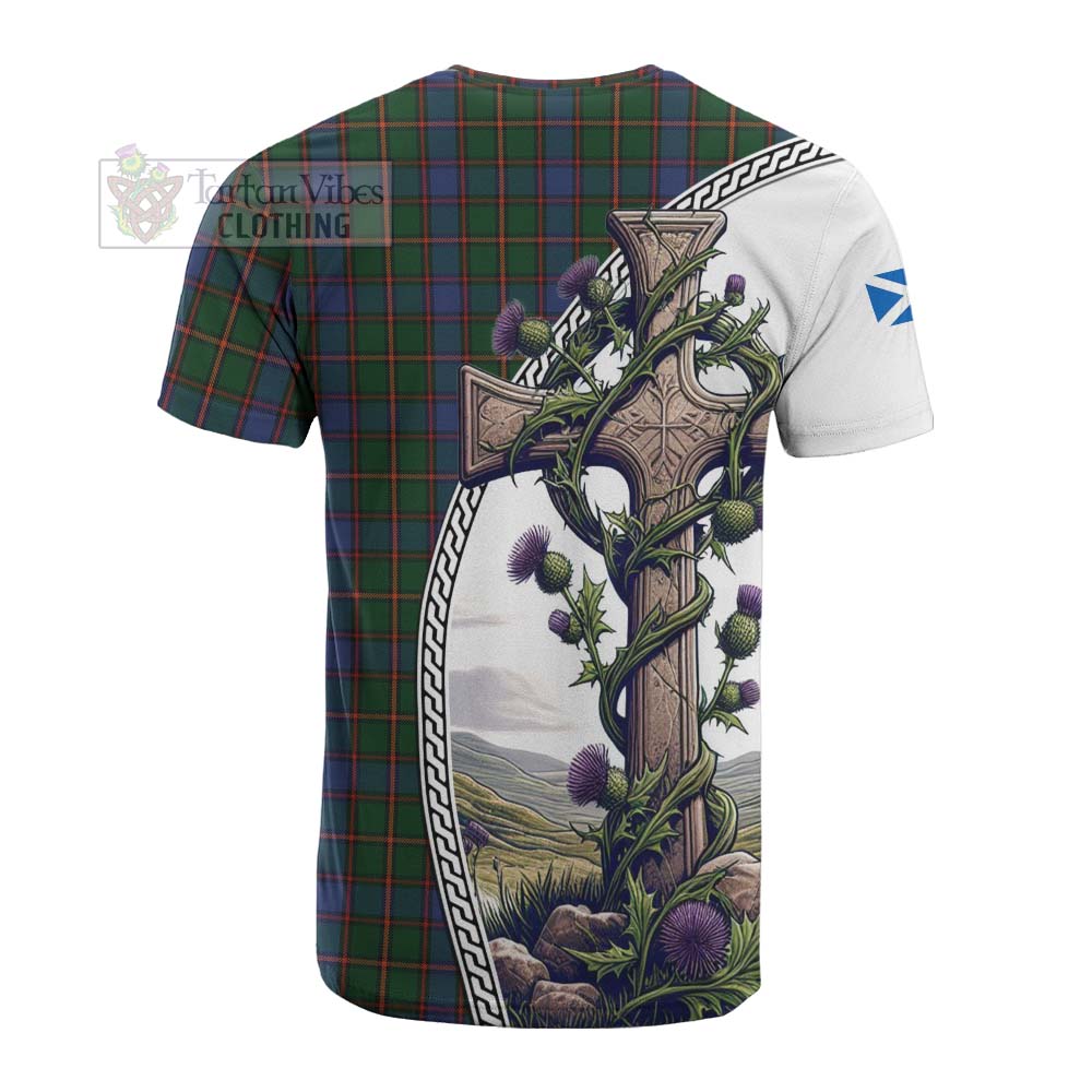 Tartan Vibes Clothing Skene Tartan Cotton T-shirt with Family Crest and St. Andrew's Cross Accented by Thistle Vines