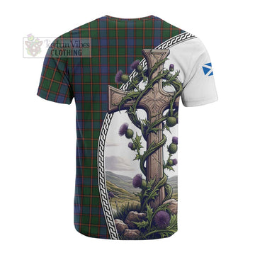 Skene Tartan Cotton T-shirt with Family Crest and St. Andrew's Cross Accented by Thistle Vines