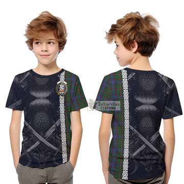 Skene Tartan Kid T-Shirt with Family Crest Cross Sword Thistle Celtic Vibes