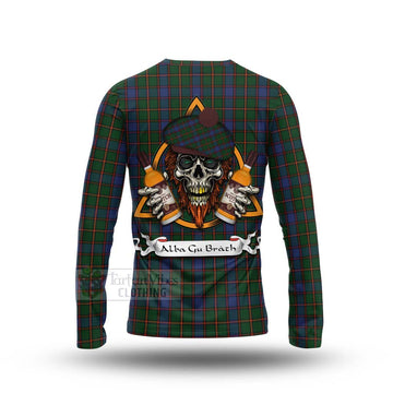 Skene Tartan Long Sleeve T-Shirt with Family Crest and Bearded Skull Holding Bottles of Whiskey