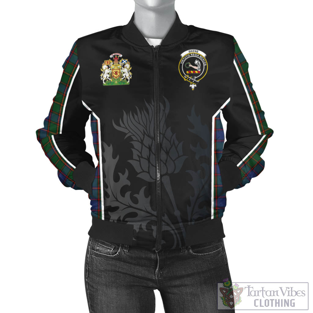 Tartan Vibes Clothing Skene Tartan Bomber Jacket with Family Crest and Scottish Thistle Vibes Sport Style